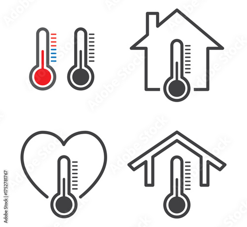 thermometer in house and heart frame icon set