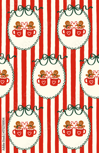 VINTAGE CHRISTMAS PATTERN – GINGERBREAD COUPLE IN A MUG, CANDY CANE, RED STRIPES,  SEAMLESS DESIGN FOR FABRICS AND WRAPPING PAPER