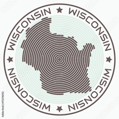 Wisconsin map with round title. State shape rings. Wisconsin text around the state boundary shape. Awesome vector illustration.