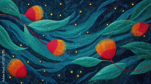 Eucalyptus gum nuts and leaves illustration with dark blue background