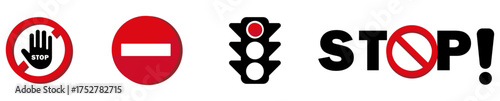 Stop traffic light and ban vector icon set. Stop sign vector illustration for traffic and safety warning.  Road stop sign symbol for rules and caution designs. vector, icons, symbol