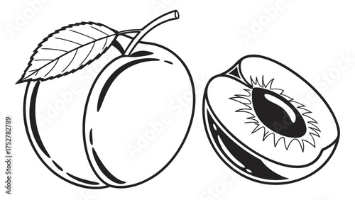 Stylized black and white illustration of a peach and its half