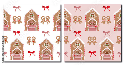 CHRISTMAS GINGERBREAD HOUSE SEAMLESS PATTERN SET – CANDY CANE AND TREE HOLIDAY BACKGROUNDS, CUTE FESTIVE WINTER ILLUSTRATION ON WHITE AND PINK