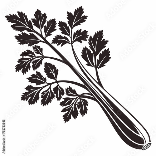 Stylized black and white illustration of a celery stalk with leaves
