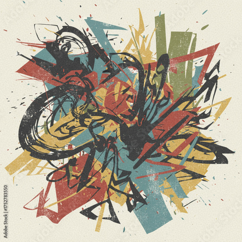Highly dynamic abstract composition with a stylized explosion of aggressive brushstrokes, lines, and geometric shapes. Excellent for urban and intense branding