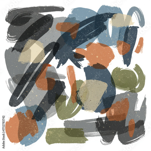Abstract composition of overlapping, loose shapes and brushstrokes in a modern, muted color palette. Ideal for contemporary art and lifestyle backgrounds