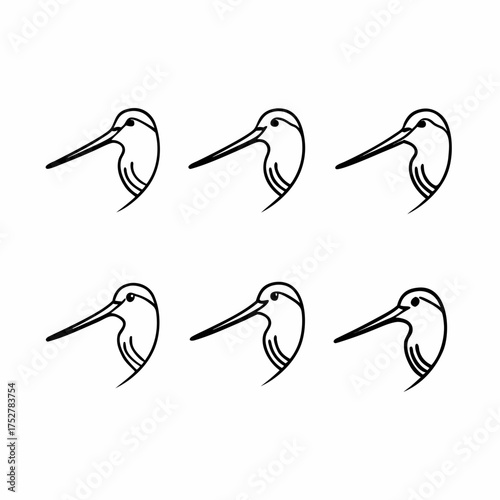 Six black and white snipe bird heads in a pattern for textile design