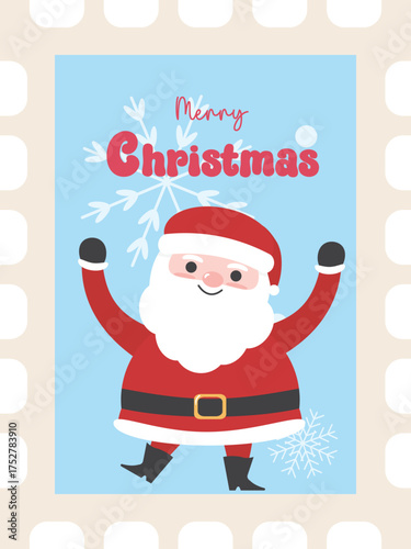 Santa Claus Postage Stamp with snowflake. Merry Christmas and Happy holiday greeting card concept vector illustration.