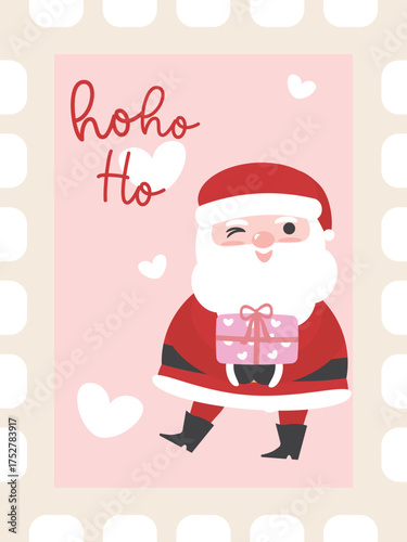 Santa Claus Postage Stamp with present. Merry Christmas greeting card concept vector illustration.