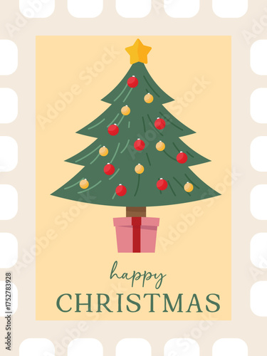 Christmas tree and ornament Postage Stamp with present. Merry Christmas greeting card concept vector illustration.
