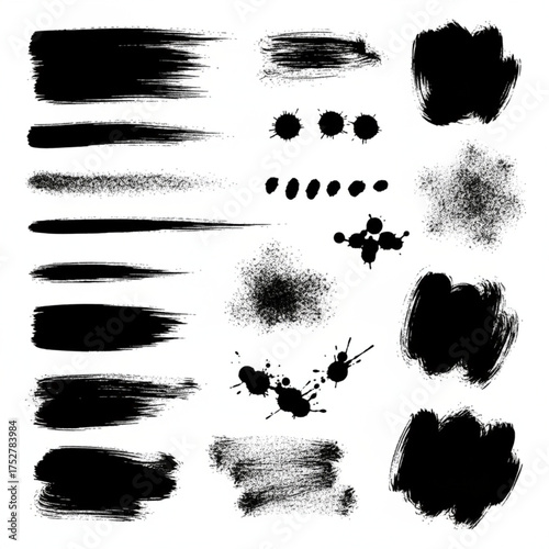 Vector set of isolated black ink brush strokes, splatters, and design elements. Ideal for texture, borders, and grunge overlays