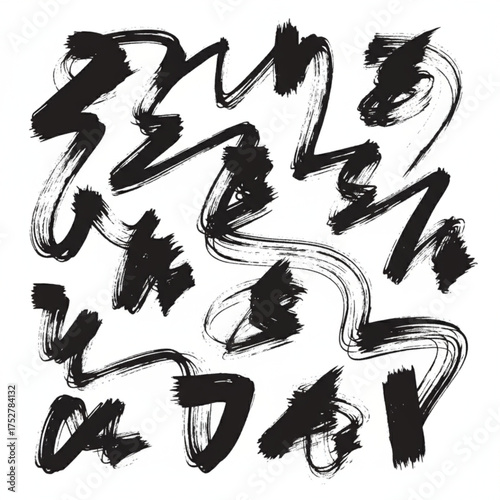 Dynamic abstract design featuring expressive, gestural, and calligraphic black ink swirls and thick lines. 