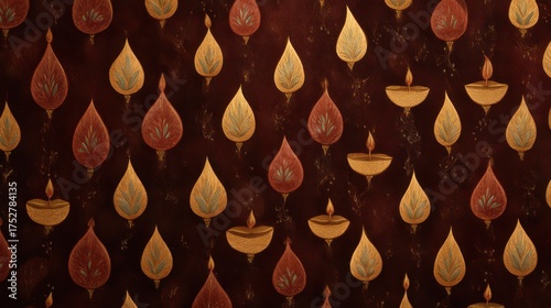 Seamless Diwali pattern with leaf and oil lamp