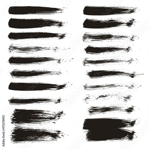 High-quality set of isolated black ink brushstrokes, varying from clean, thick lines to textured, dry-brush style. 
