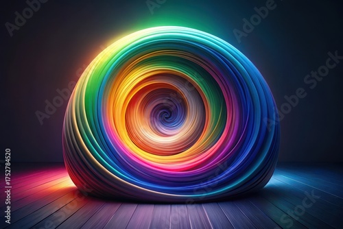 Abstract Rainbow Swirl Sphere on Dark Wooden Floor, Illuminating a Hypnotic Vortex of Color and Light
