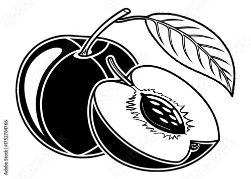 Stylized black and white illustration of a peach and its cut half
