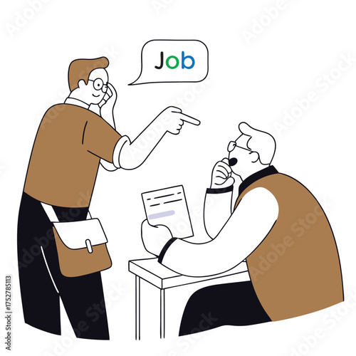 Vector art of man pointing at a job opportunity while another man considers the offer