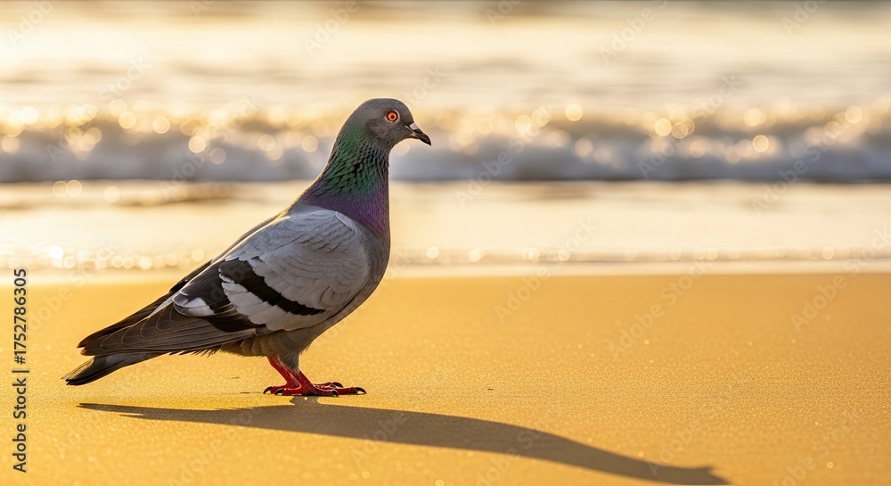 Fototapeta premium A single pigeon walking on a golden beach at sunset casting a long shadow