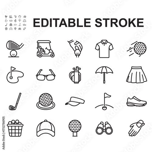 A set of golf-related icons. Line-style vectors. Contains icons such as golf carts, golf clubs, balls, and more.