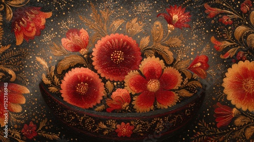 Floral arrangement with red flowers and golden leaves