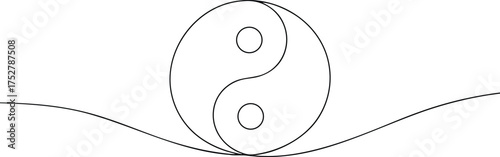 Black outline yin yang symbol on white background with wavy lines