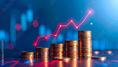 Stacks of coins with a glowing red digital line graph superimposed, representing financial growth and technology in a blue abstract background