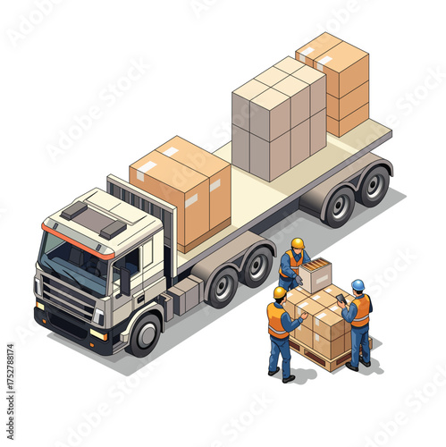 Illustration of cargo truck with boxes and some workers arround