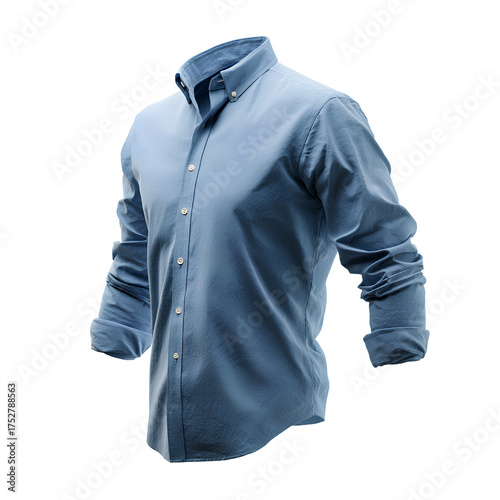 Blue cotton shirt on mannequin torso, angled 45 degrees, isolated transparent background