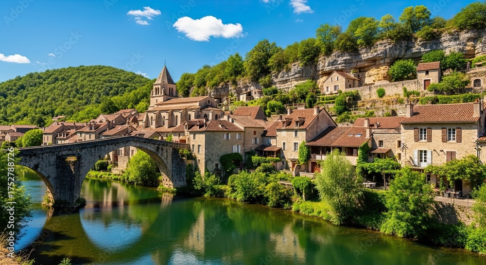 Obraz premium Charming medieval village nestled along a tranquil river in France