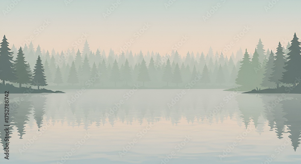 Fototapeta premium Serene and peaceful landscape with lake mirroring a misty evergreen forest scene.