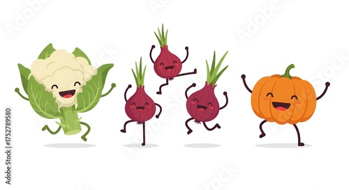 A cheerful cartoon illustration of joyful vegetables dancing on a plain white background