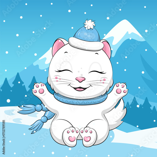 Cute cartoon White Cat with blue scarf and hat in winter. Vector Illustration of Animal in nature on a blue background with snow.