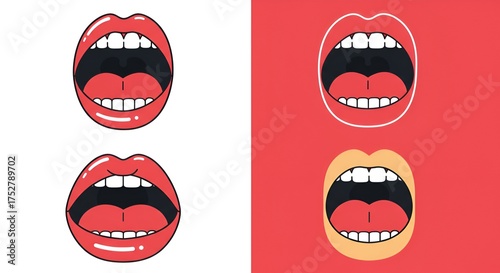 Four graphic open mouths shouting or singing, displayed in a pop art illustration.