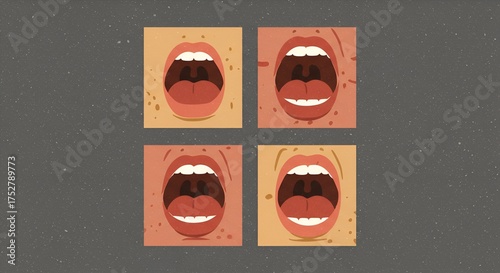 Four open mouths in a graphic style, displaying raw emotion, set on textured background.