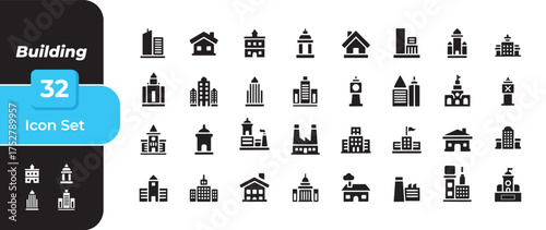 Collection of 32 building icons in a simple black silhouette style