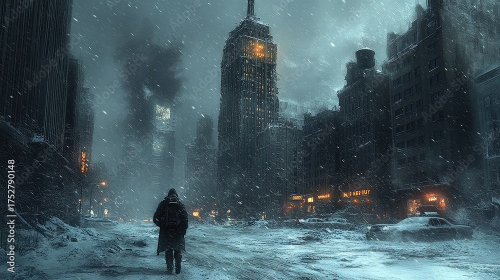 Fototapeta premium Skeletal skyscraper, twisted frame, snow falling. A lone survivor walking below, icy streets surrounding the ruins. Earth ravaged by nuclear war's aftermath.