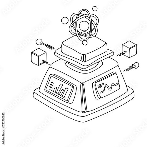 Isometric Diagram of a Scientific Data Processing Machine with Atom Model
