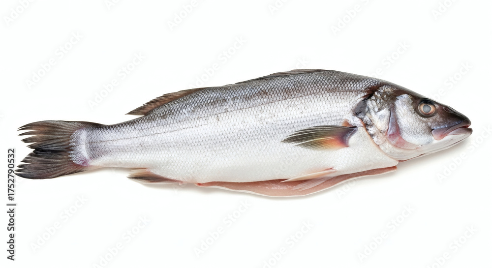 Fototapeta premium Fresh Raw European Sea Bass Dicentrarchus labrax Isolated on White Background for Gourmet Cooking