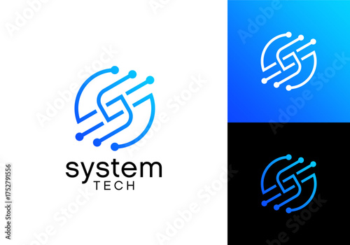 abstract letter S with technology connection logo design