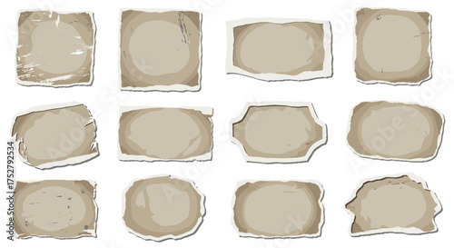 Vector art of collection of torn paper frames and borders with a vintage, grunge, and distressed texture