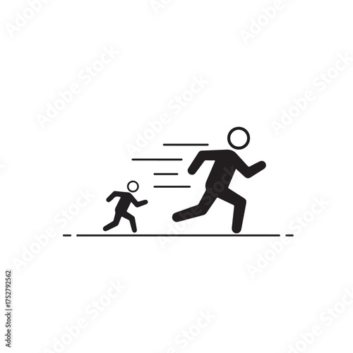 Black and white vector illustration depicting a fast-moving figure chasing a smaller runner, conveying themes of urgency, competition, and relentless pursuit