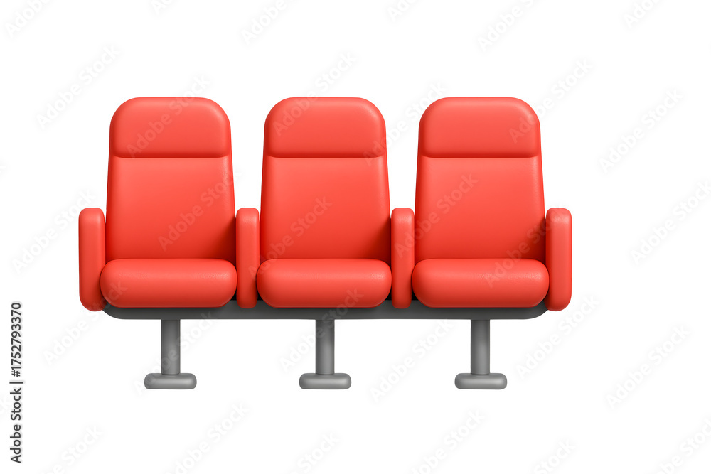 Obraz premium 3D red waiting chairs, row of three seat furniture, isolated on transparent background