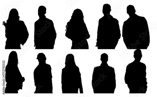 set of silhouettes of divers people in warm winter clothes