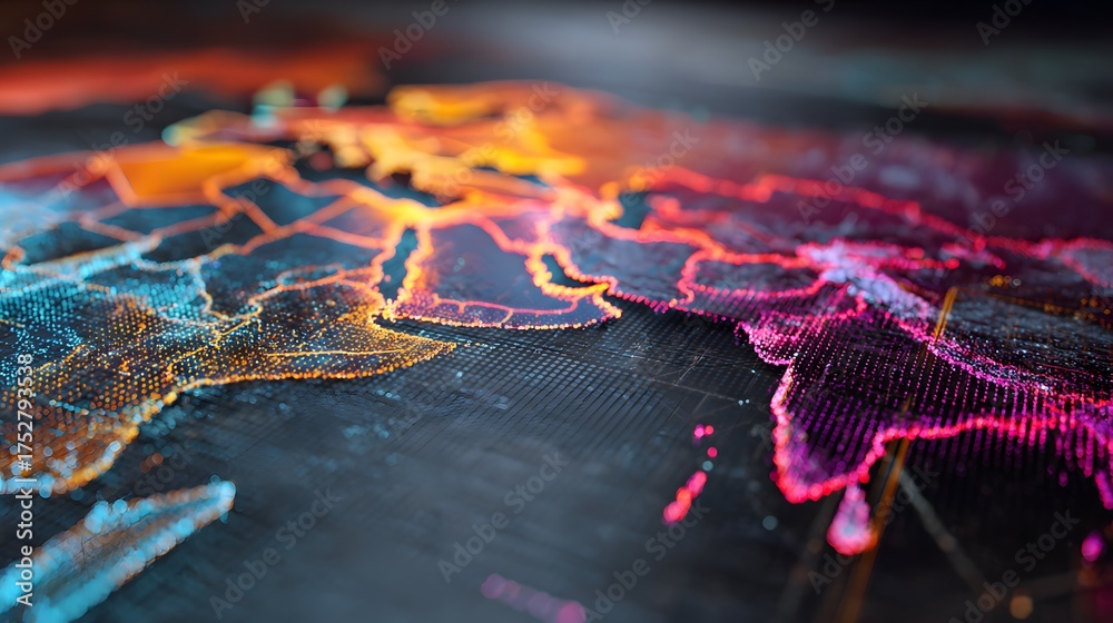 Obraz premium Vibrant Holographic World Map Showcasing Global Digital Trends at Tech Conference