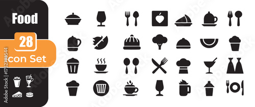 Collection of food and drink icons in a clean silhouette style for menus and design