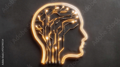 A human head silhouette contains bright neon circuits with connecting lines, representing the concept of artificial intelligence and data processing