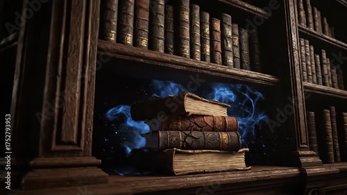 Magical old library with ancient books and mystic blue glow. Fantasy knowledge and wizard study concept footage.