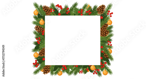 Vector art of christmas wreath frame with pine cone, berry and bauble decoration