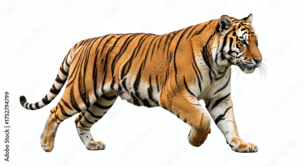Naklejka premium Majestic Bengal Tiger Walking Profile Isolated on White Background Wildlife Cutout