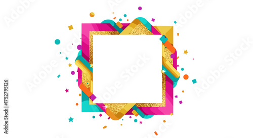 Vector art of colorful square frame with confetti and streamers